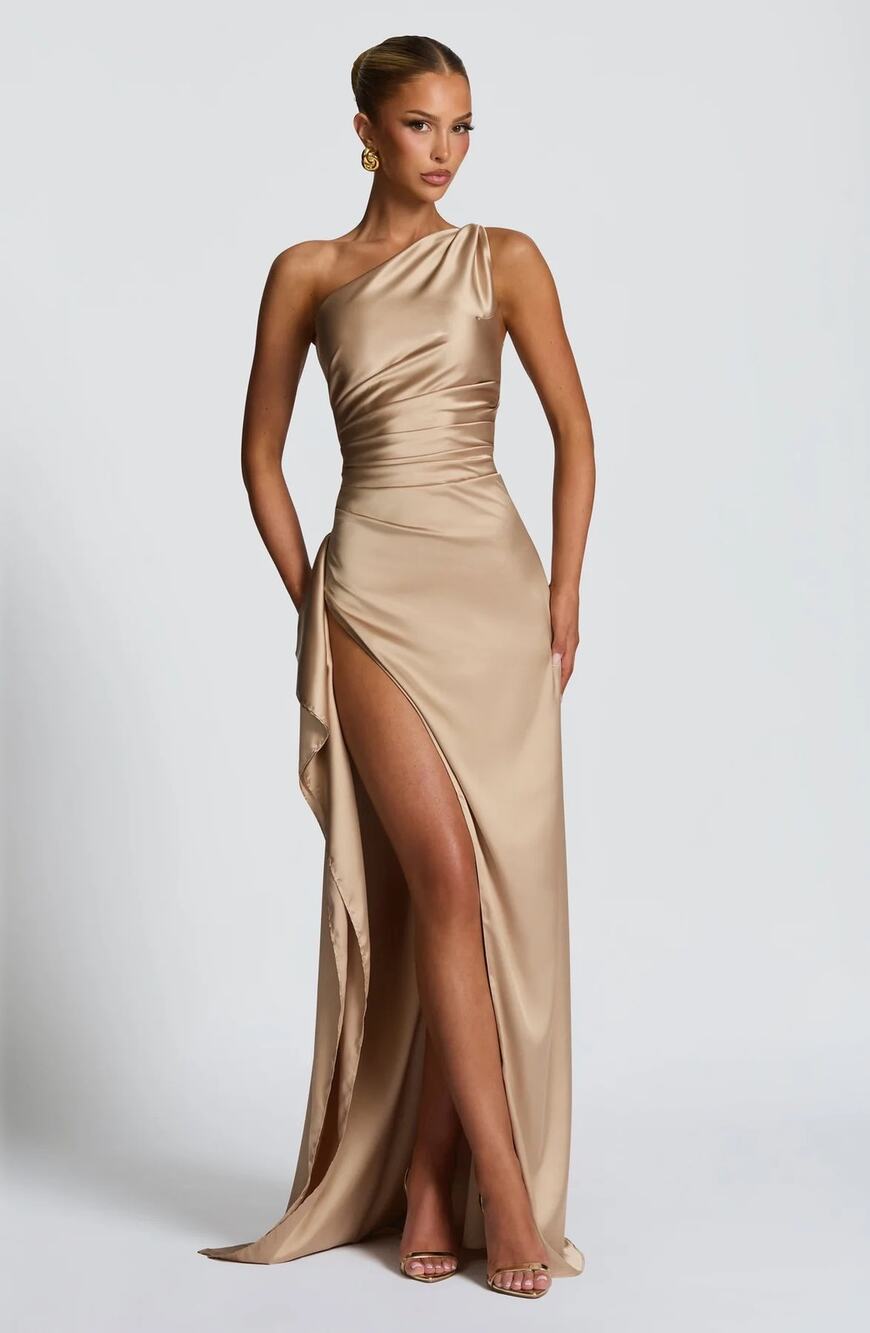 NWT Babyboo Ariel Champagne Gold Satin One Shoulder Formal Maxi Dress Size Small